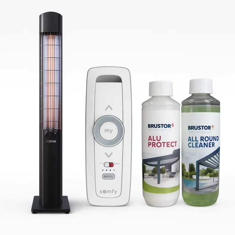 Zubehör für Terrassenüberdachungen – Heizstrahler, Somfy-Fernbedienung und Brustor Pflegemittel von Ombrage