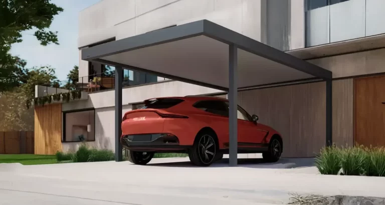 Carport aus Aluminium vor modernem Wohnhaus mit Fahrzeugstellplatz