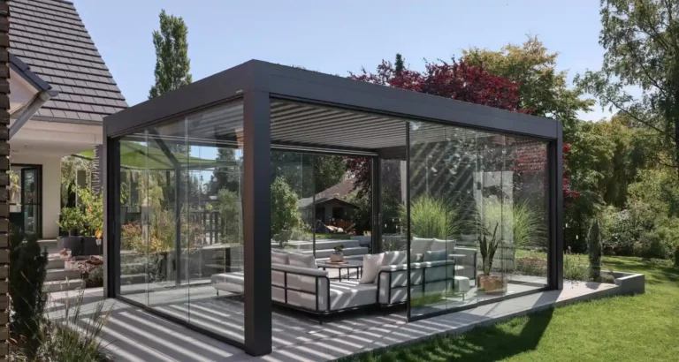 Terrassenüberdachung mit rahmenloser Glas-Schiebeverglasung und Sitzbereich