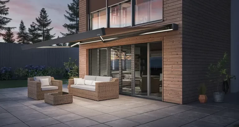 Kassettenmarkise über einer modernen Terrasse mit LED-Beleuchtung