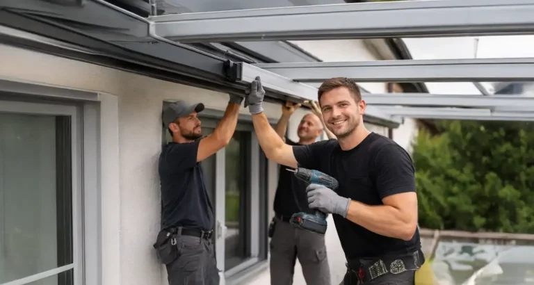 Monteure bei der Installation einer Outdoor-Überdachung im Außenbereich