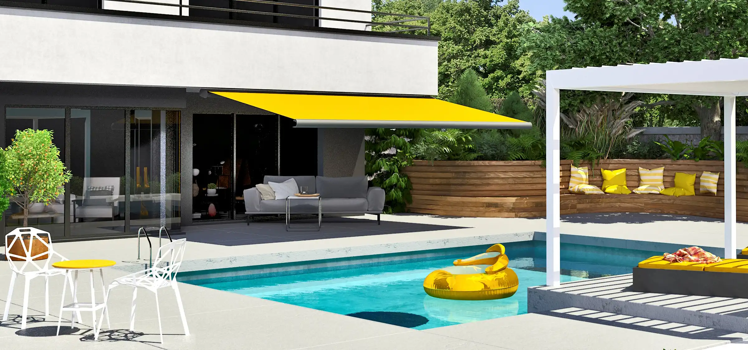 Erhardt SD Kassettenmarkise als Sonnenschutz für Terrasse mit Pool