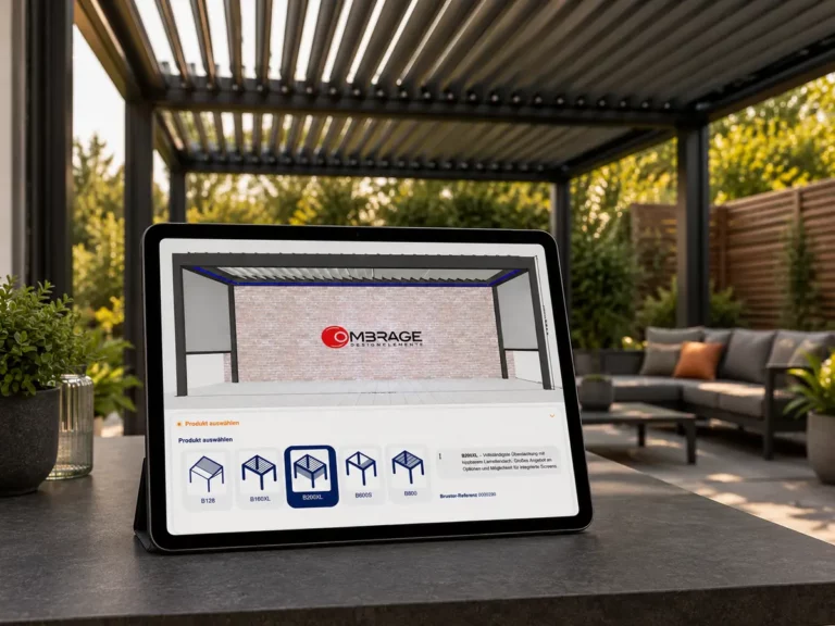 Tablet mit OMBRAGE-Konfigurator für Terrassenüberdachungen vor einer modernen Terrasse mit anthrazitfarbenem Lamellendach